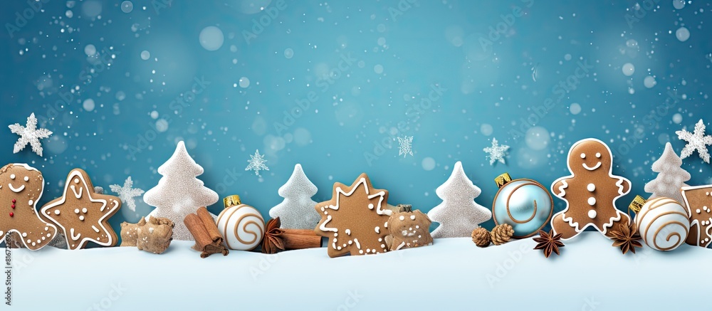 Poster a winter themed image featuring gingerbread cookies on a blue background serving as a banner with sp