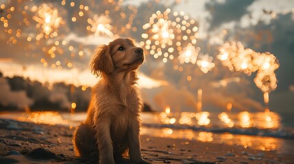 Dog watching fireworks new year's eve. Cute puppy sitting on beach, colorful fireworks display show night sky, reflection ocean water background, holiday festival event vacation memory with pet animal