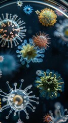 Various types of bacteria in a petri dish under a microscope