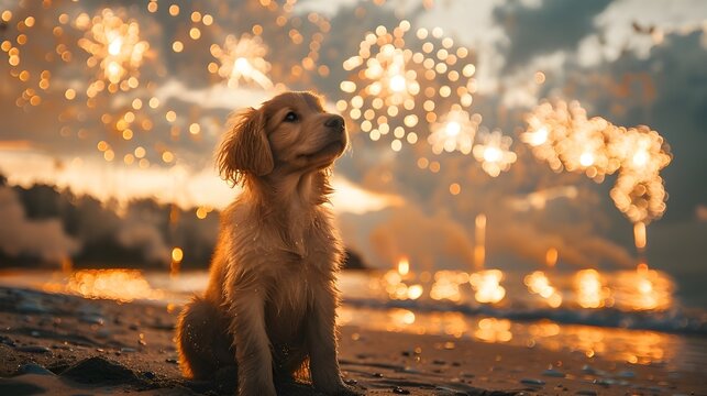 Dog watching fireworks new year's eve. Cute puppy sitting on beach, colorful fireworks display show night sky, reflection ocean water background, holiday festival event vacation memory with pet animal