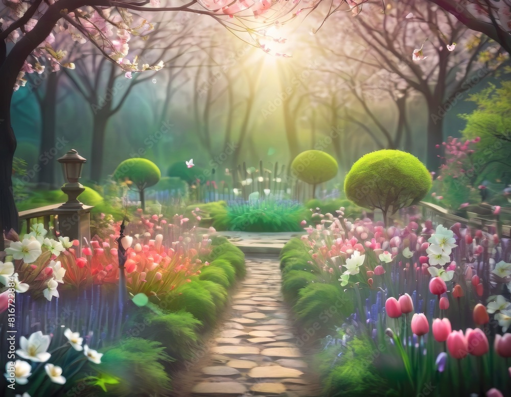Poster a fantasy garden path lined with vibrant flowers and topiary under a canopy of blossoming trees in s