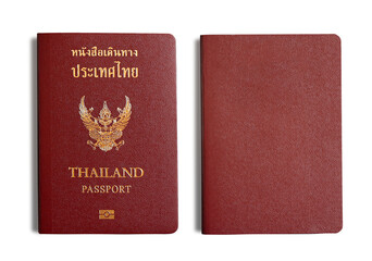 Passport of Thailand cover front and back side isolated clipping path on white background. 