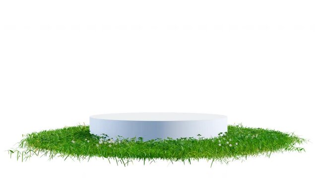 Round exhibition stand, podium or pedestal on surface patch covered with green grass rotated on white background. Realistic natural element for presentation. 3d animation with alpha matte channel.