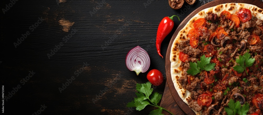 Fototapete top view of a traditional adana kebap on a flatbread served with tomato salad and plenty of copy spa