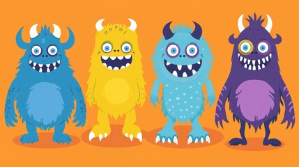 Children's party posters in contemporary art style with cute comic alien creatures. Modern banners with an orange background.