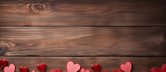 Valentine s Day themed background with a rustic wooden surface adorned by red hearts providing ample copy space - Powered by Adobe