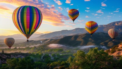 Fototapeta premium AI generated illustration of colorful hot air balloons floating over a mountainous landscape