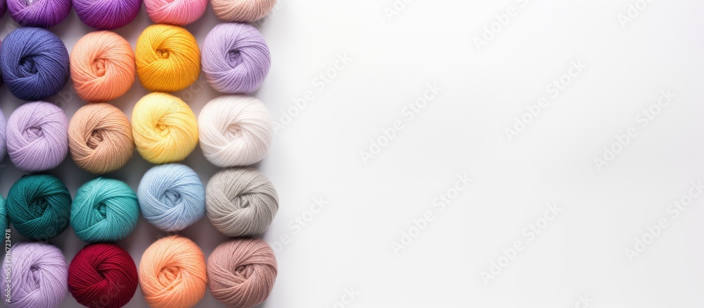 Leinwandbilder Top view of a color yarn for knitting against a white background This flat lay image provides ample copy space