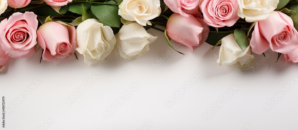 Poster top view of a light background with a bouquet of pink and white roses representing occasions like mo