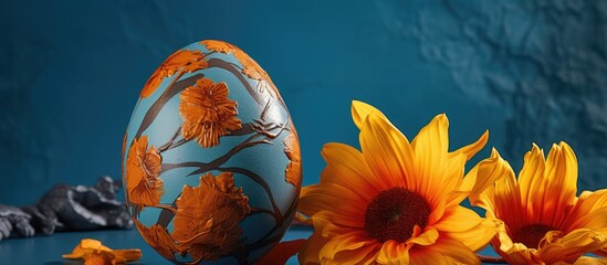 A stunning Easter egg painted with sunflowers in orange and blue hues showcased against a textured...