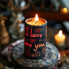 burning candle in a bowl with text i love you