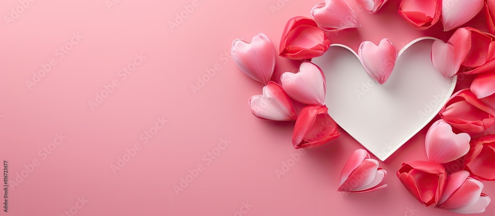 Poster the copy space image showcases a white frame adorned with paper hearts and tulip bouquet placed on a