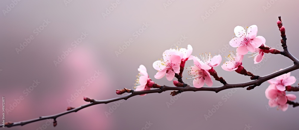 Poster A stunning pink sakura flower representing the arrival of spring set against a natural backdrop with empty space for text or images. with copy space image. Place for adding text or design