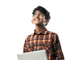 Young South Asian Boy with Laptop Smiling Upward