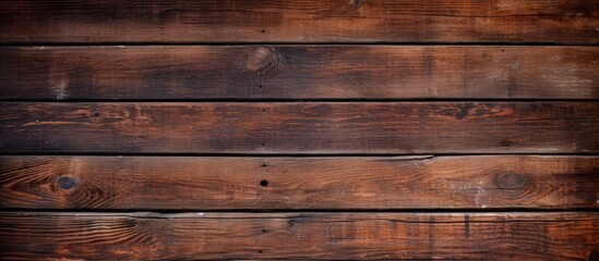 Copy space image of a vintage brown wooden background with visible knots and nail holes resembling an old painted wood wall The horizontal dark boards create an abstract and vintage atmosphere Perfec - Powered by Adobe