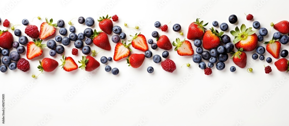 Poster A top view of various types of berries including strawberries blueberries and apricots arranged on a white background created for copy space image