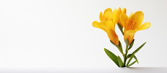 Fototapeta premium A white background with a bright yellow freesia flower perfectly framed and ready for use as a copy space image