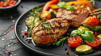 Plate with tasty pork steak and grilled vegetables 
