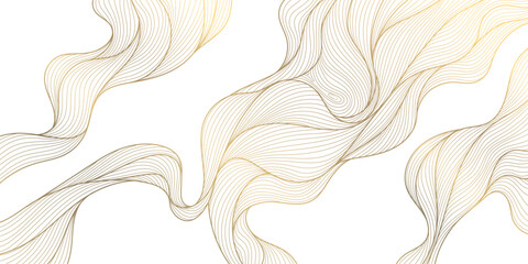 Vector gold wave on white background illustration, line luxury modern art. Wavy shape banner, premium wallpaper, elegant poster, curve texture. Japanese style