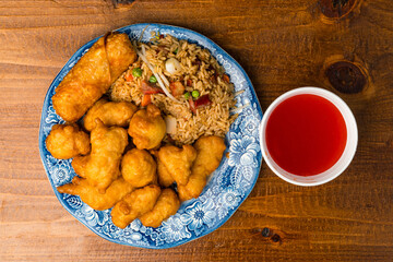 Sweet and sour shrimp with pork fried rice and egg roll