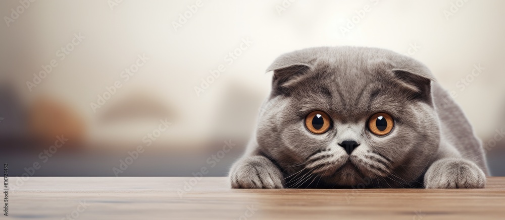 Aufkleber a scottish fold cat with a beautiful grey coat is seen lying down and looking directly at the camera