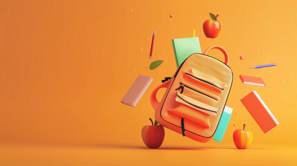 3D render of a school backpack with books,apple, pens and other stationery items flying on a orange background . back to school with copy space concept