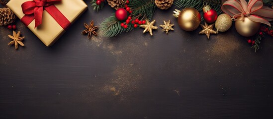 A festive Christmas scene with a golden gift box surrounded by red ribbons fir branches cones stars and Christmas cookies The top view image offers plenty of space for adding text or graphics - Powered by Adobe