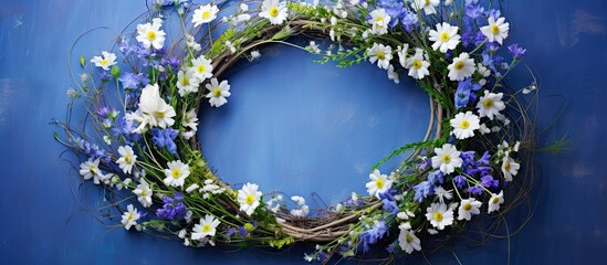 Copy space image of a wicker wreath adorned with vibrant cornflowers delicate chamomiles and...