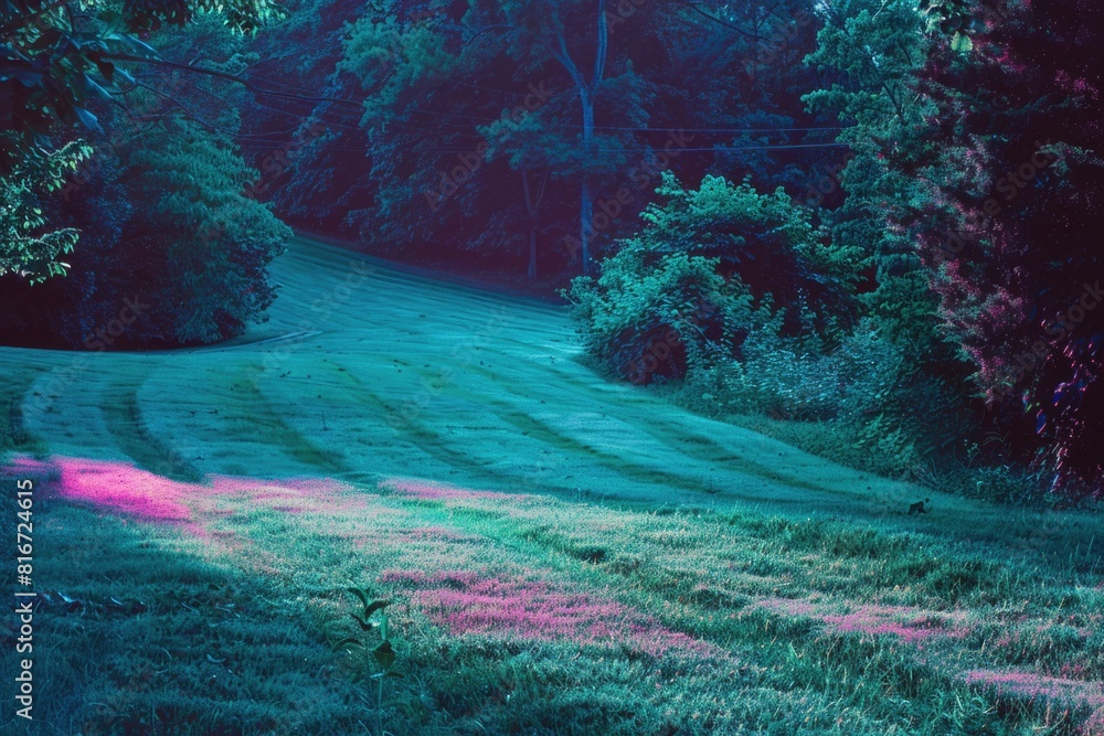 Poster grassy field with trees in the background, suitable for nature concepts