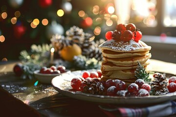 Stack of pancakes with fresh berries by a christmas tree, holiday atmosphere - Powered by Adobe