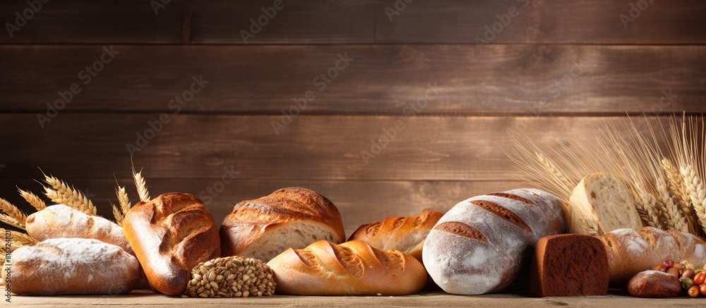Poster Wooden background with various types of bread and ample copy space image