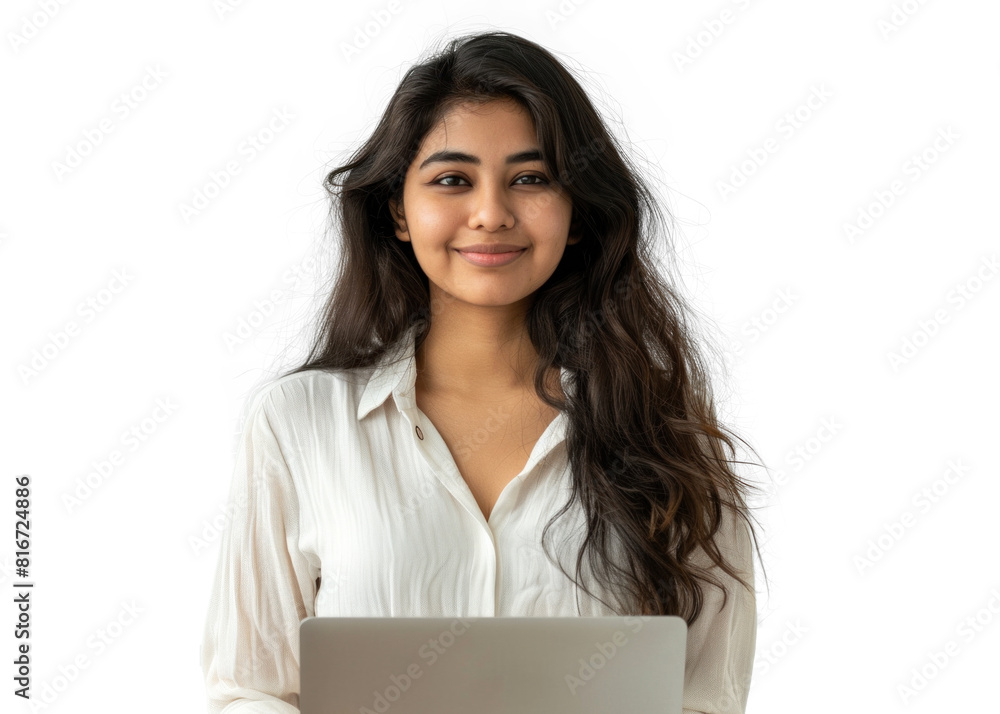 Wall mural south asian woman with laptop smiling