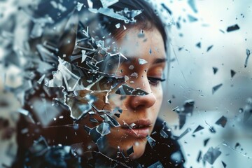 Woman looking through a broken glass window. Suitable for concepts of curiosity and exploration
