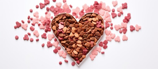 Valentine s Day concept featuring heart shaped dried food for dog puppy on a white background with copy space for images
