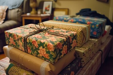 Stack of beautifully wrapped presents in various patterns arranged on a table indoors