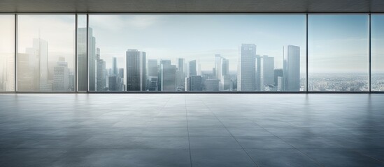 A vacant floor with a contemporary urban building featuring an open area perfect for displaying a copy space image
