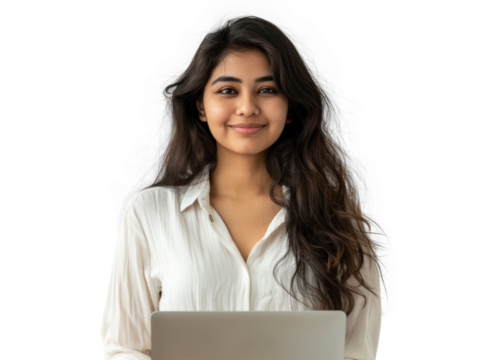 South Asian Woman with Laptop Smiling - Powered by Adobe