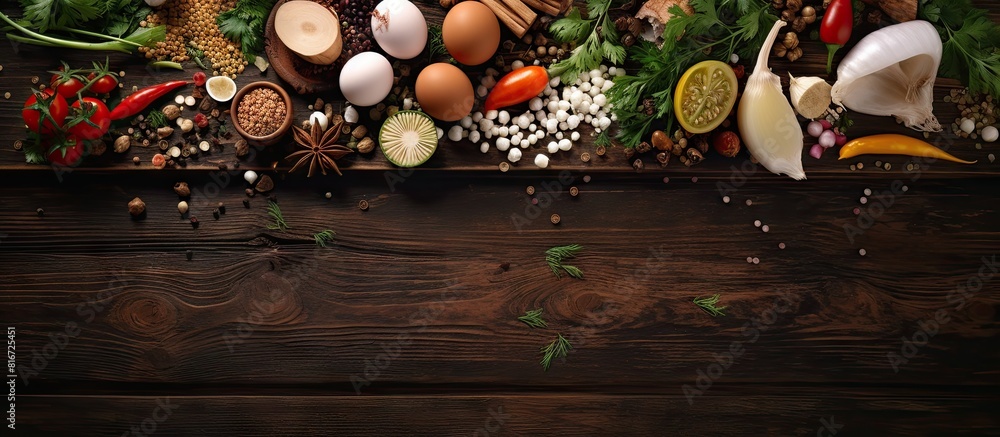 Leinwandbilder wooden background showcasing various ingredients for okroshka. with copy space image. place for addi