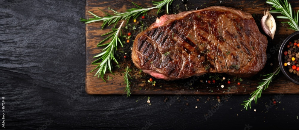 Poster A top view of a grilled ribeye beef steak seasoned with aromatic herbs and spices leaving space for your text. with copy space image. Place for adding text or design