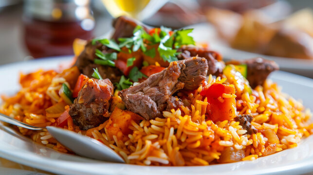 Delicious jollof rice with juicy beef and fresh parsley, a classic african dish beautifully plated