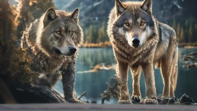 Two Wolves by Mountain Lake