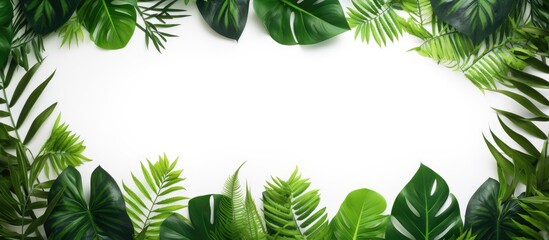 A tropical pattern of fresh green leaves decorates a frame creating a vibrant and organic design with empty copy space on a white background This summertime concept embodies ecology and healthy organi
