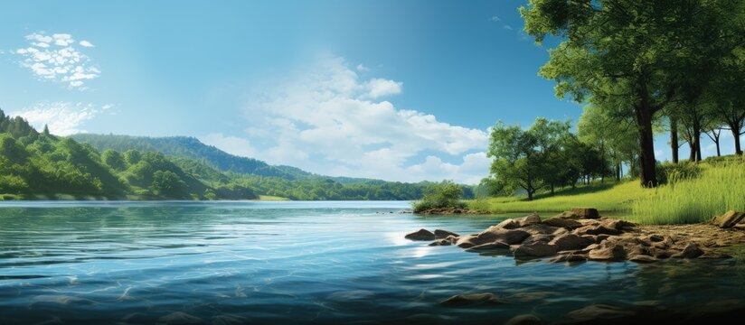 A serene river flows alongside towering trees forming an idyllic scene of a reservoir and street complemented by a picturesque copy space image under a clear blue sky that reflects the captivating bea