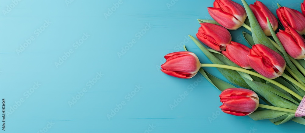 Poster Red tulip bouquet and card on a bright blue table background creating a design concept for a Mother s Day holiday greeting gift with copy space image