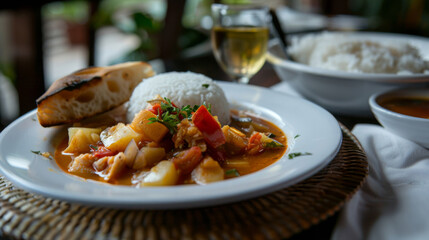 African stew with rice, bread, and soup presented on a woven placemat alongside a glass of wine