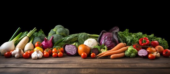 A copy space image showcasing fresh vegetables arranged on a wooden table in a kitchen