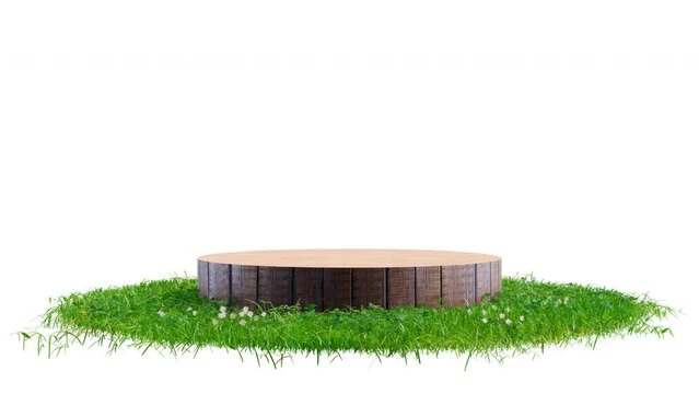 Wood round exhibition stand, podium or pedestal on surface patch covered with green grass rotated on white background. Realistic natural element for presentation. 3d animation with alpha channel.