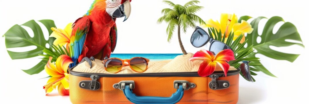 Open retro suitcase with seascape and sand, palm trees and parrots