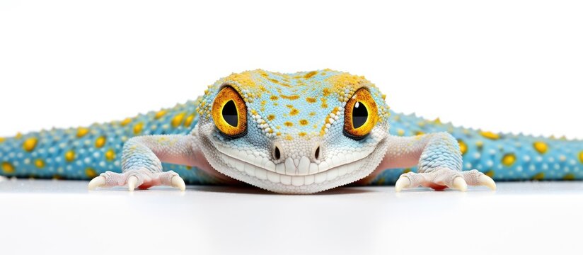 A Tokay Gecko with its scientific name Gekko gecko can be seen on a white background in this copy space image