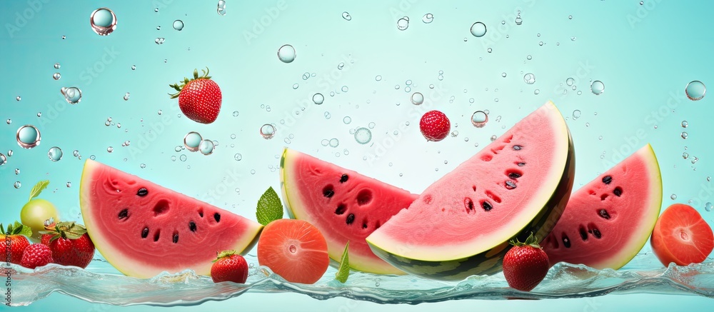 Aufkleber a watermelon slice is seen falling onto a pastel background surrounded by floating fruits the red fr
